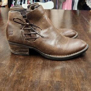 Born Brown Leather Ankle Booties with Side Lace Detail